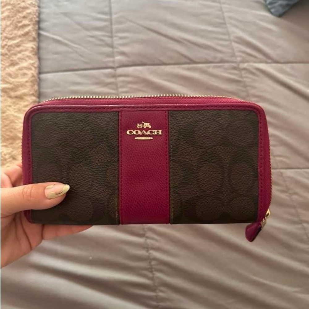 Coach Burgundy and Brown Zip Wallet